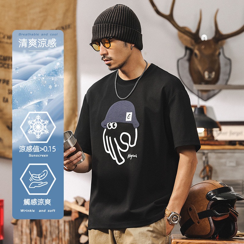 40支涼感科技短袖男夏季T恤2025新款潮牌立體絨面印花休閒上衣男T