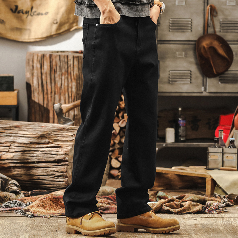 美式經典復古彈力黑色牛仔褲男秋季潮牌2024新款寬鬆直筒休閒長褲