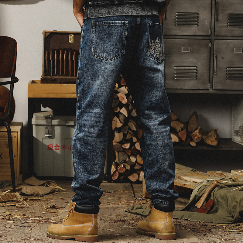 杰雷諾美式重磅石磨水洗牛仔褲男直筒寬鬆春秋季刺繡休閒長褲子男