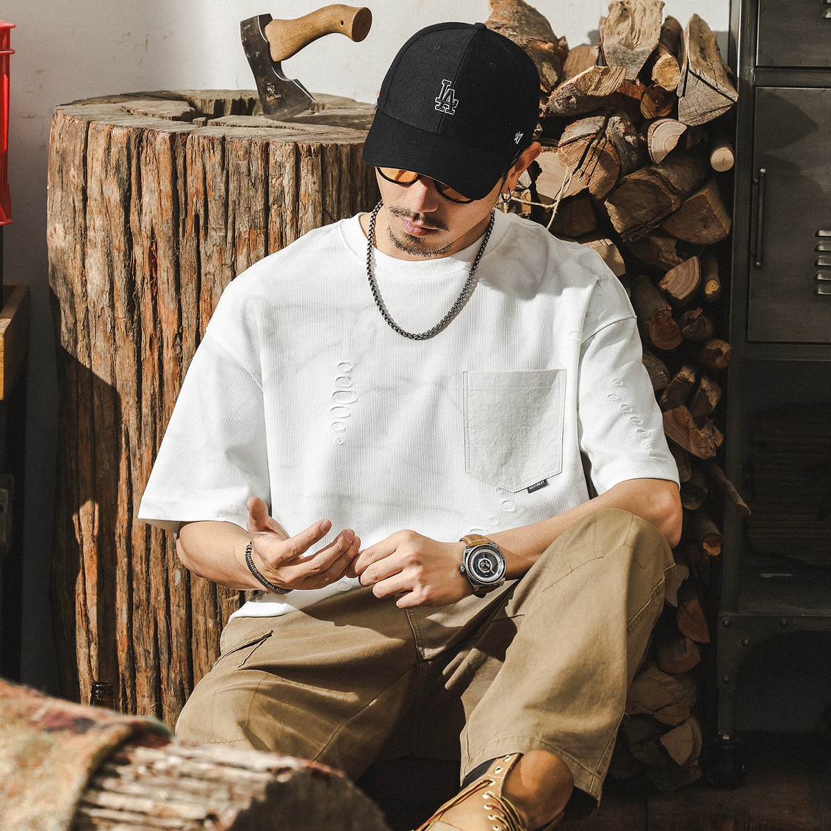 雲染水痕紋理短袖T恤男夏季潮牌破洞寬鬆高級感美式復古男士上衣