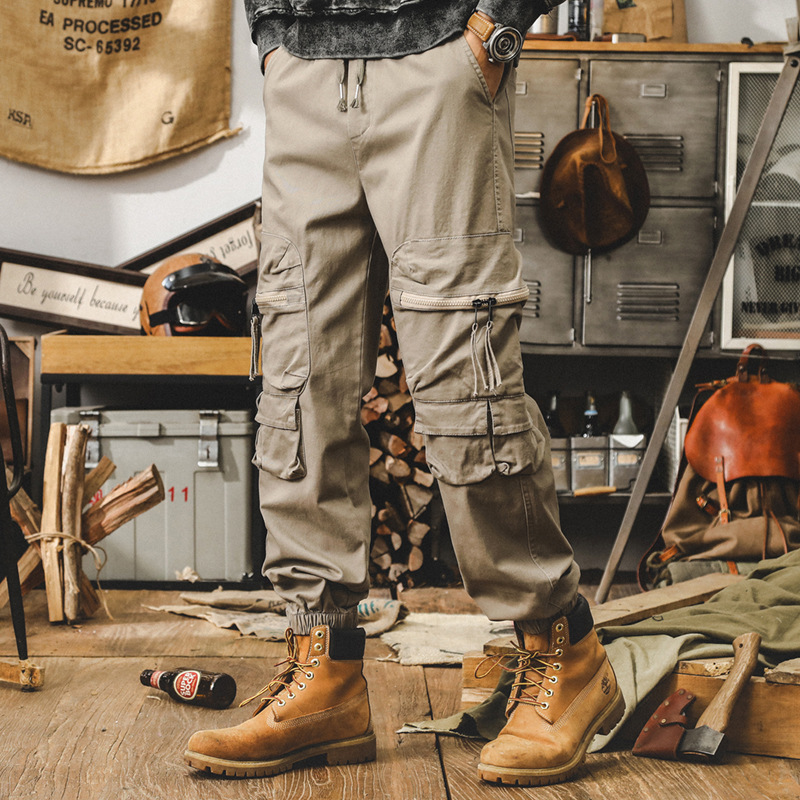 傑雷諾美式複古卡其色束腳休閑褲男春秋潮牌寬松多口袋工裝褲男款