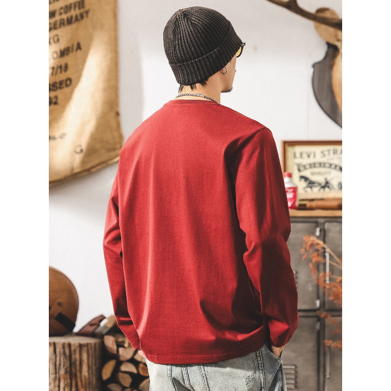 美式復古酒紅色男士t恤長袖春秋新款寬鬆簡約260g重磅打底衫男潮T