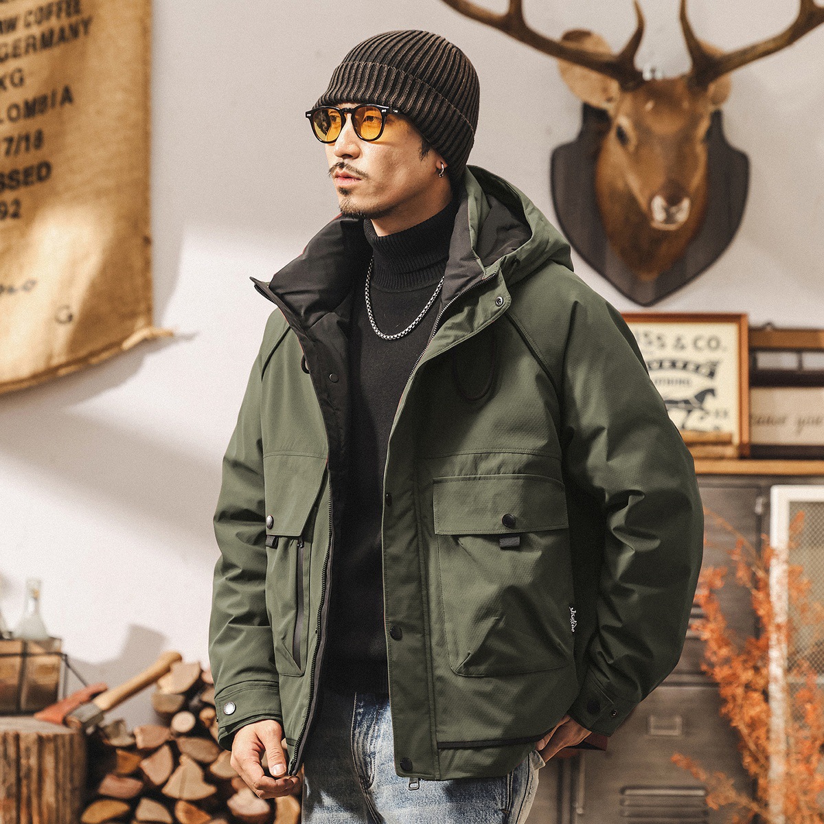 美式復古高充絨工裝羽絨服男冬季戶外加厚禦寒保暖派克服連帽外套