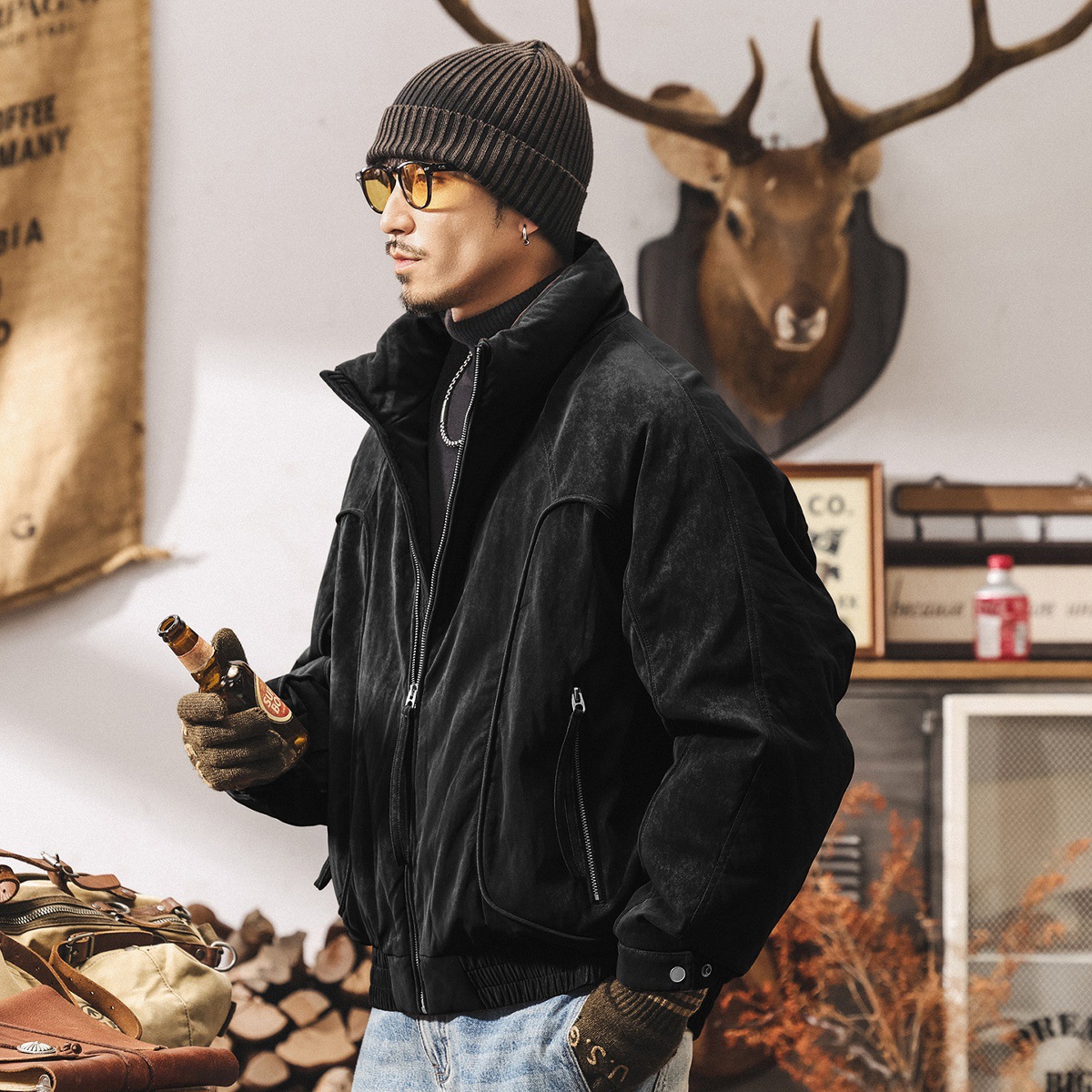 美式復古霧面絨感90%白鴨絨蓬鬆羽絨服男冬季保暖加厚工裝外套男