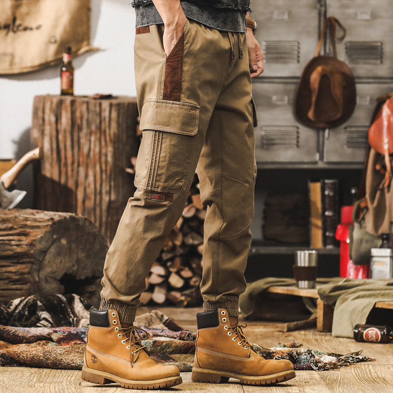 美式復古工裝褲子男秋季2024新款潮牌戶外束腳褲男士卡其色休閒褲