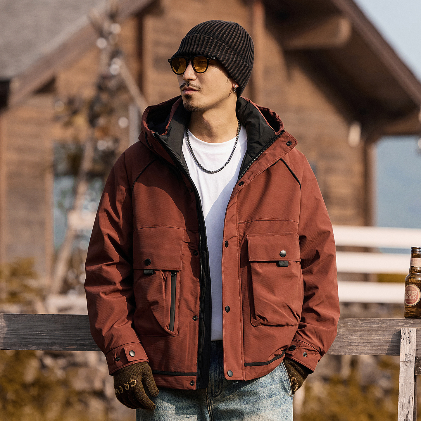 美式復古高蓬鬆工裝羽絨服男冬季連帽戶外防風多口袋機能風外套男