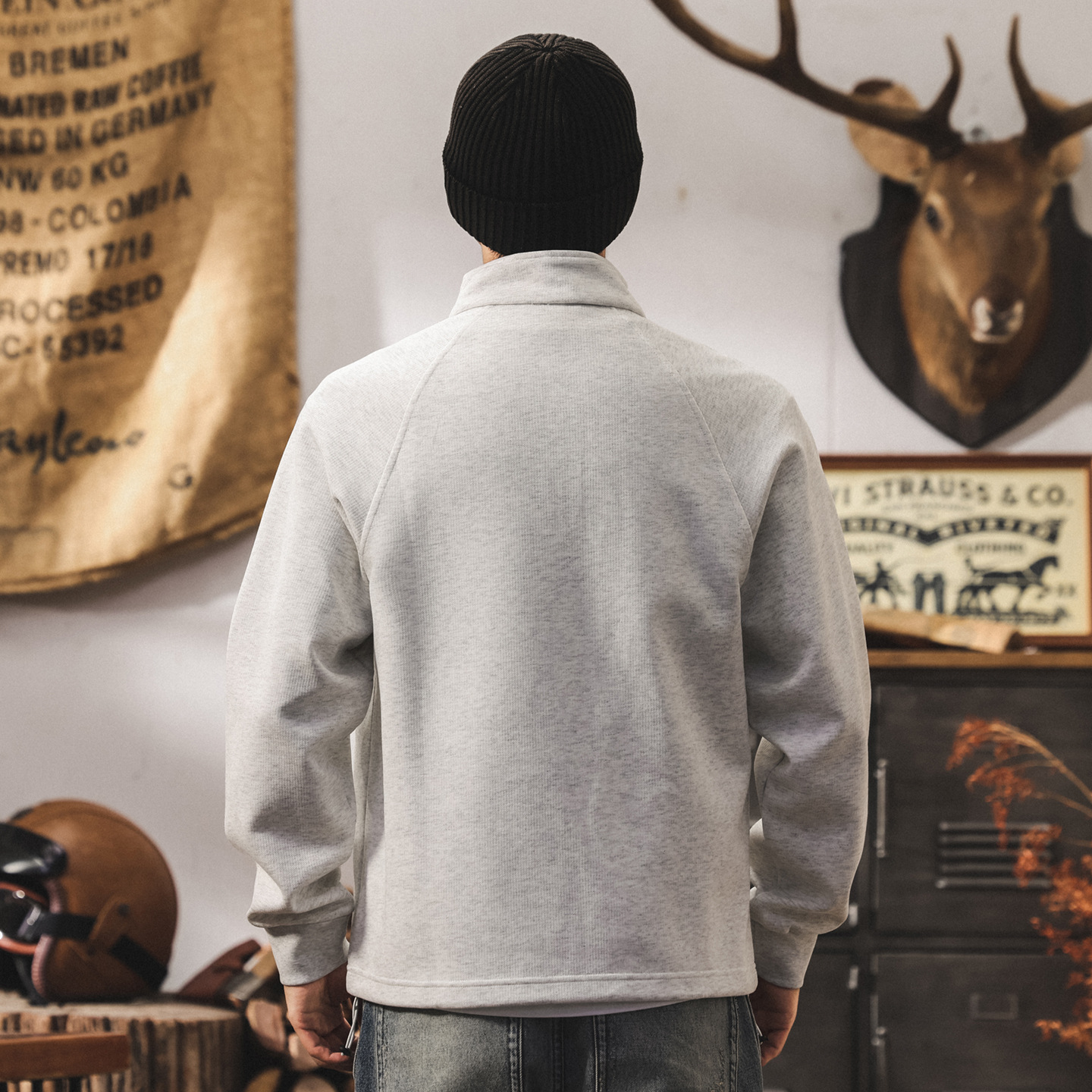 美式重磅復古立領半拉鍊衛衣男春秋潮牌新款簡約刺繡寬鬆休閒上衣