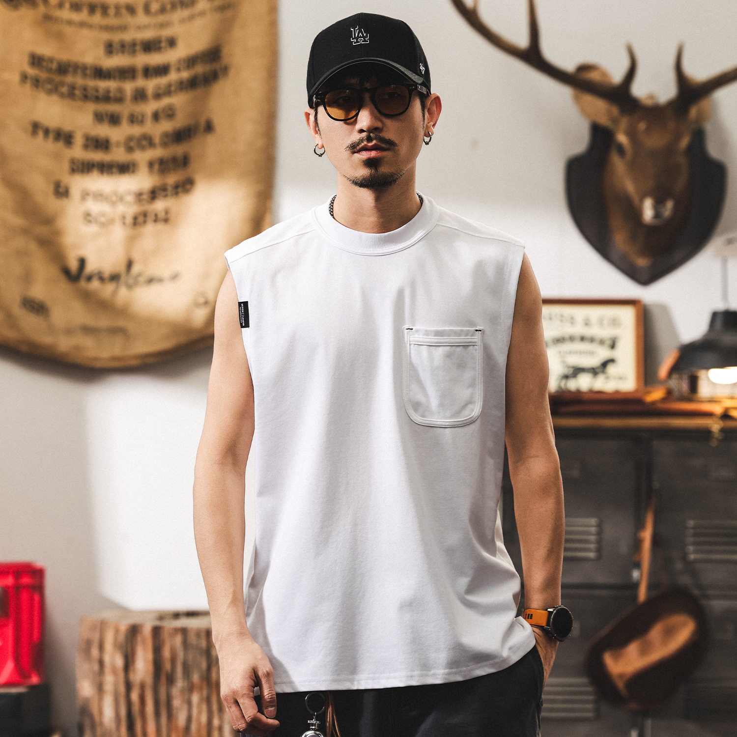 美式復古無袖T恤男夏季寬鬆透氣籃球坎肩上衣潮牌運動健身背心男