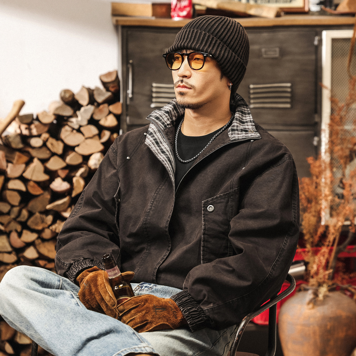 美式復古重磅工裝夾克男寬鬆秋冬款潮牌格紋飛行員短款秋季外套男