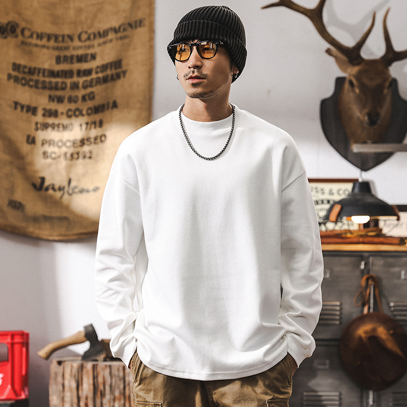 美式復古300g重磅磨毛長袖T恤男春季2025新款寬鬆簡約白色衛衣男