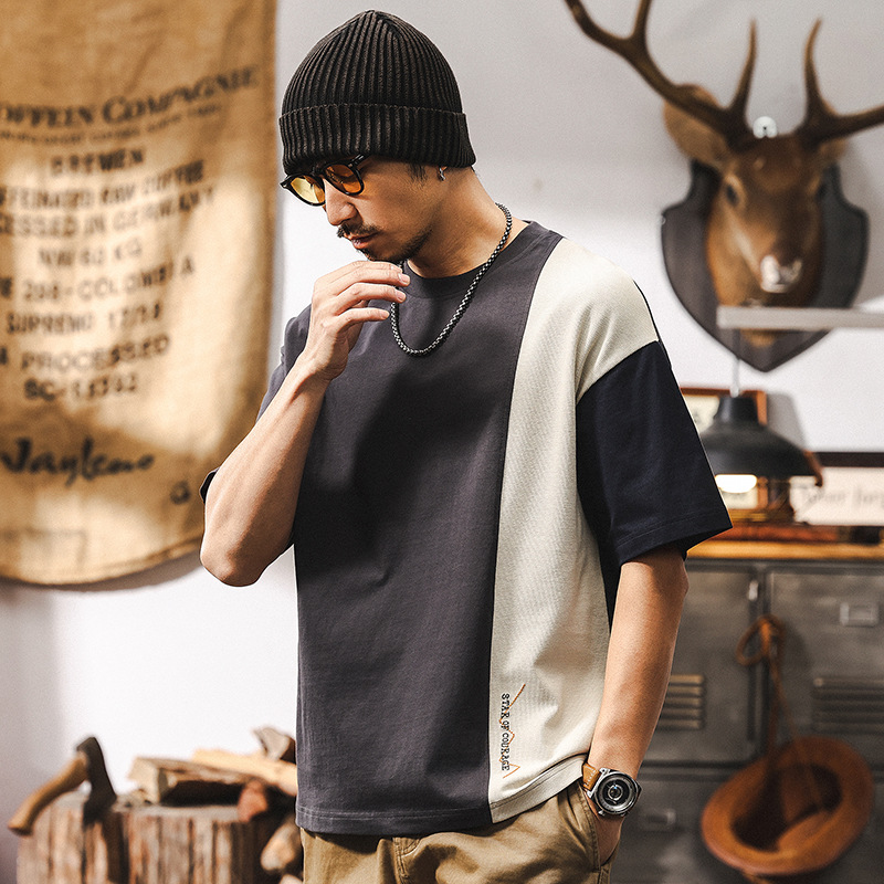 拼色設計感短袖男夏季2025新款美式復古250g重磅T恤男寬鬆上衣男