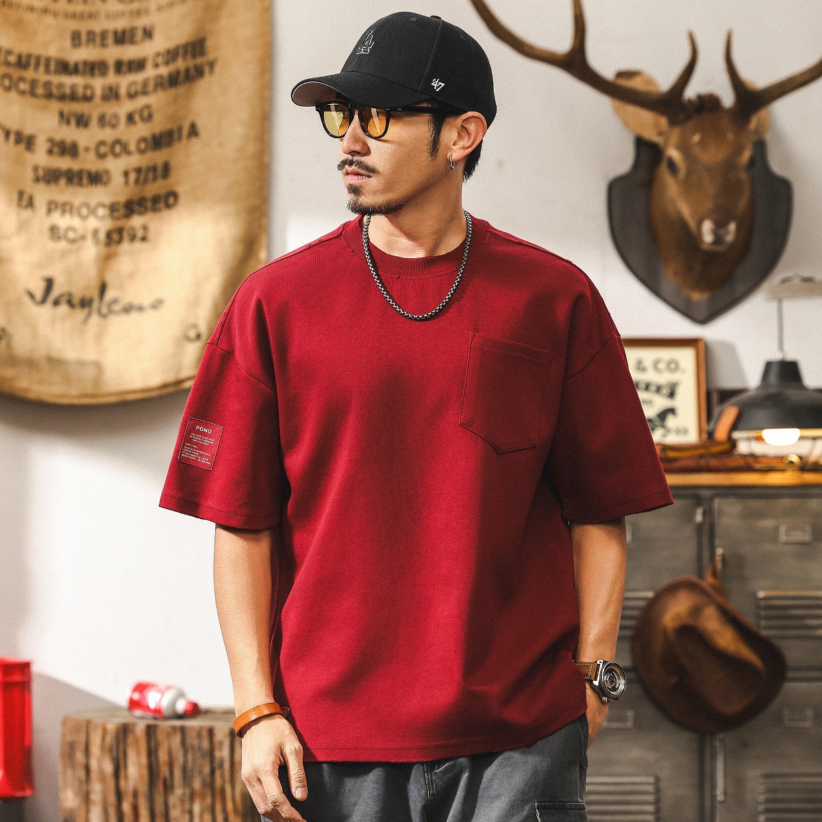 美式復古300g重磅短袖男士T恤夏季潮牌深褐色做舊水洗半截袖體恤