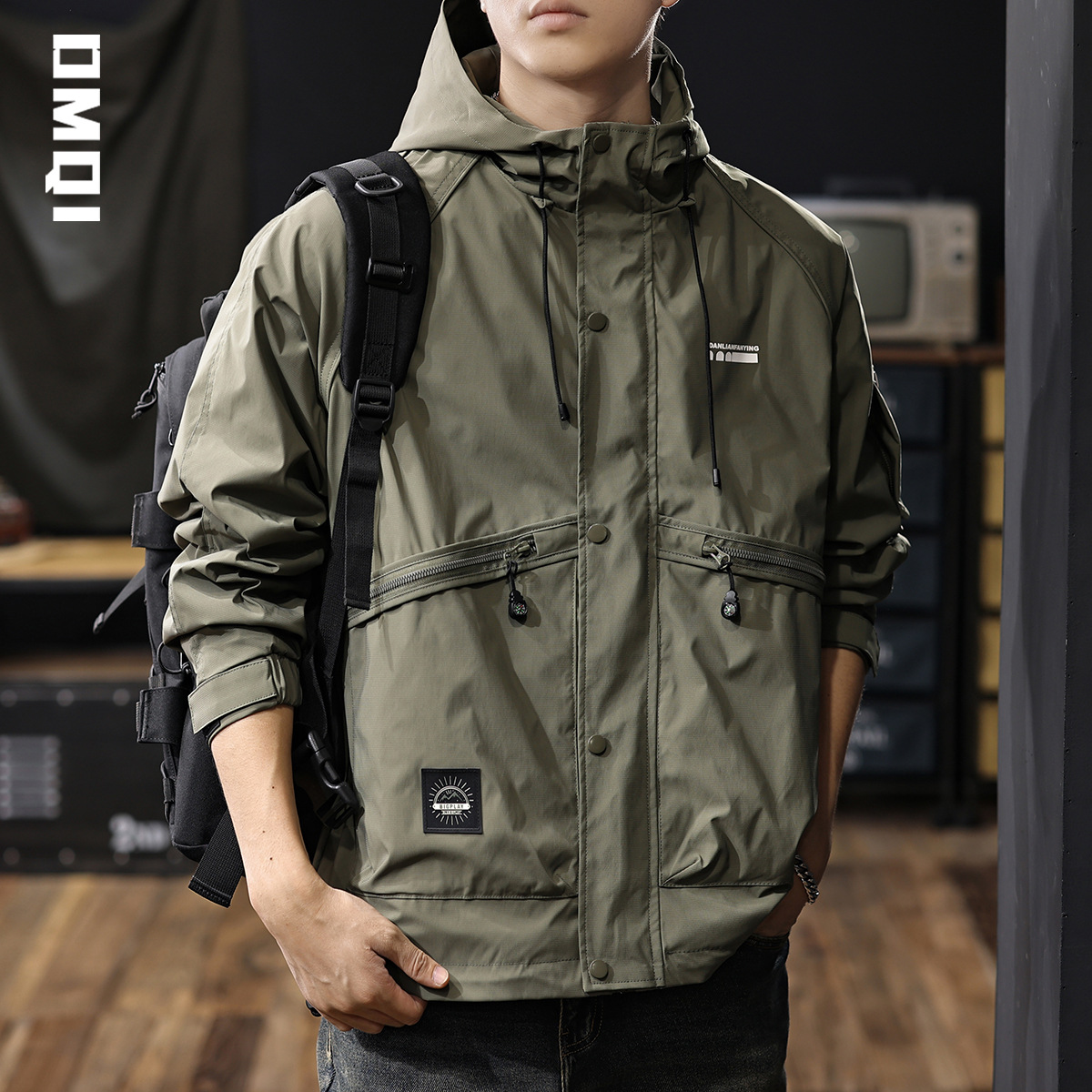 2025春秋款美式戶外連帽衝鋒衣男寬鬆大碼三防美式工裝夾克外套潮