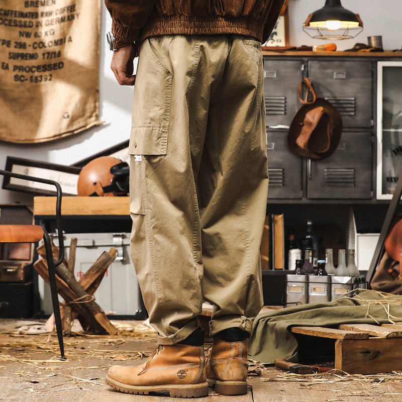 美式復古卡其色工裝褲子男直筒秋季潮牌多口袋設計寬鬆休閒長褲男
