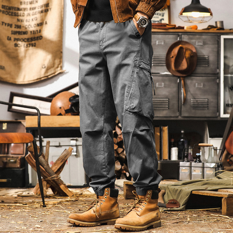 美式潮牌卡其色工裝褲子男秋季多口袋機能束腳褲戶外通勤休閒男褲