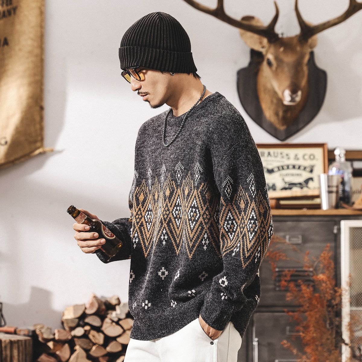 美式復古提花費爾島毛衣男秋冬2025新款潮流民族風寬鬆男士針織衫