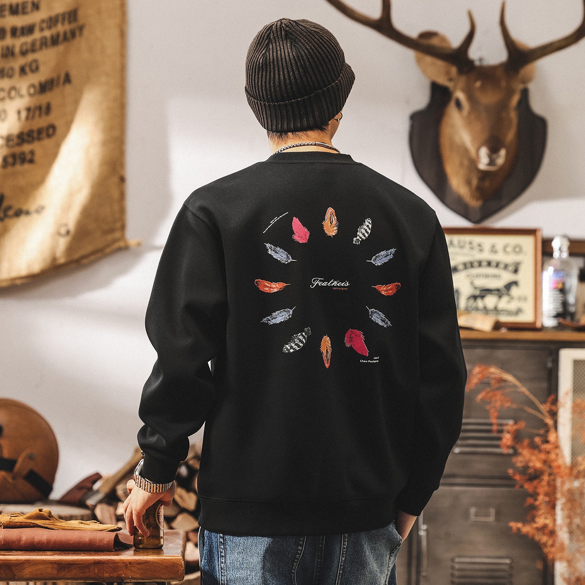 美式復古360g重磅衛衣男春秋新款潮流印花寬鬆圓領套頭長袖上衣男