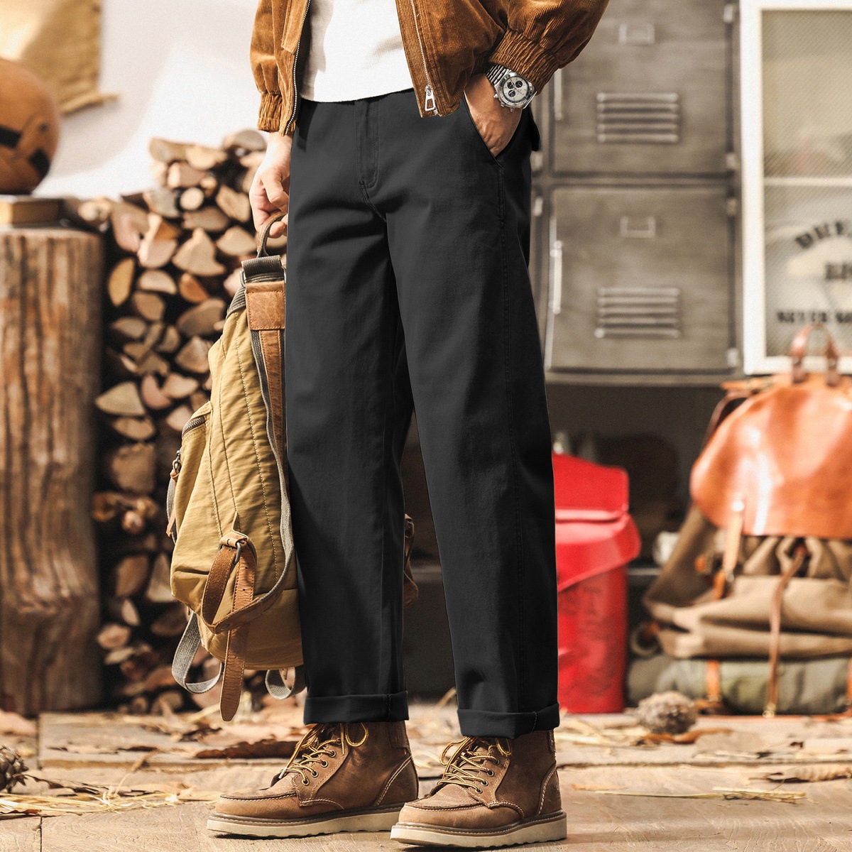 美式工裝復古卡其色褲子男款秋季潮牌寬鬆直筒新款簡約男士休閒褲