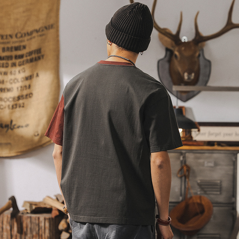 拼接撞色設計短袖男夏季2025新款美式復古250g重磅T恤男上衣