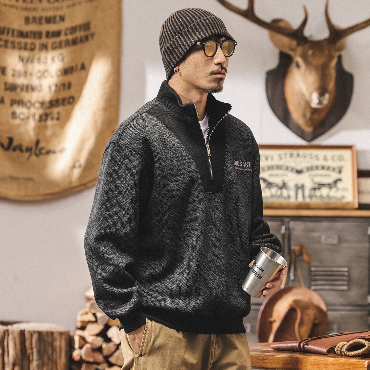 美式復古半拉鍊衛衣男春秋寬鬆400g重磅潮牌外套男秋冬新款上衣男