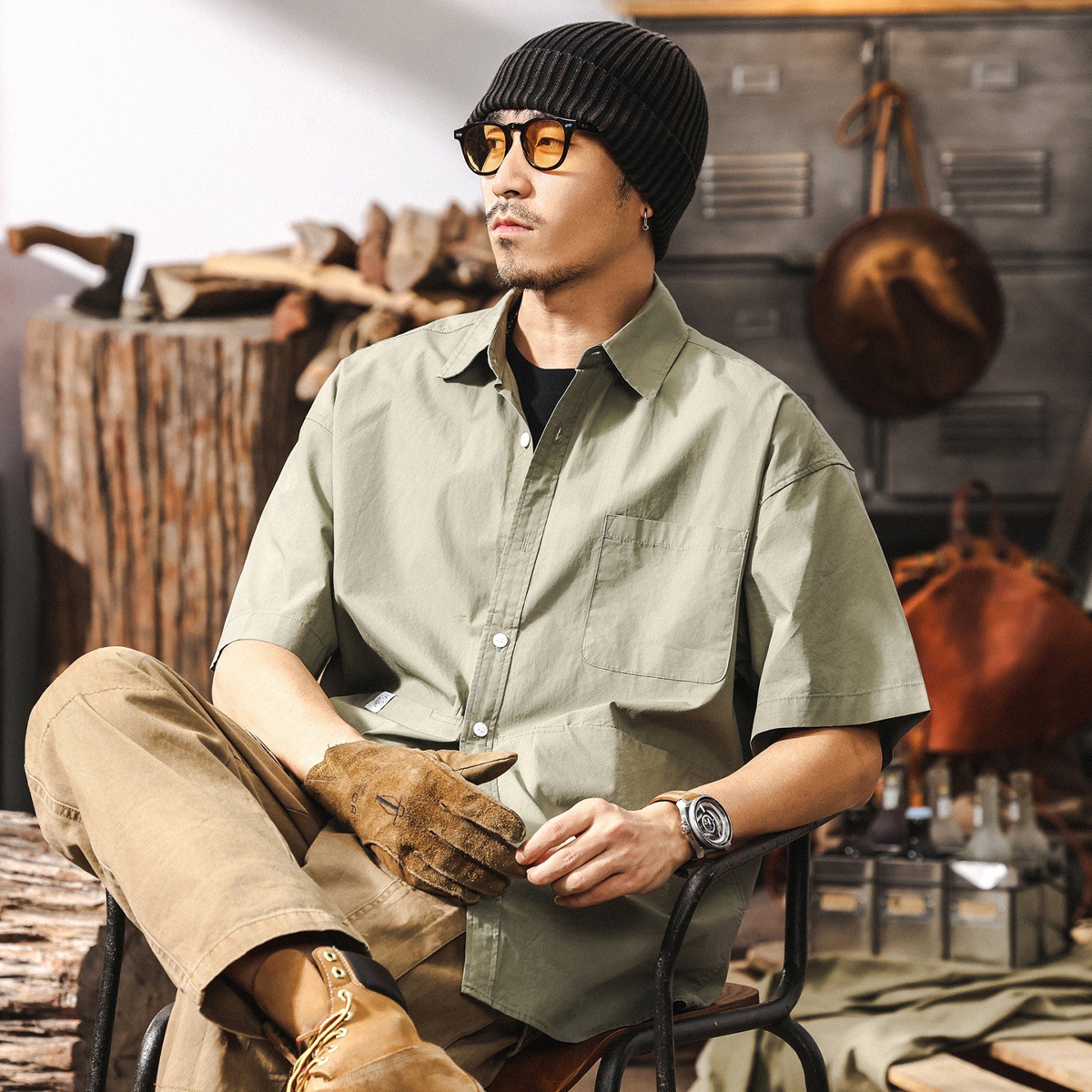 美式復古男士短袖襯衫夏季新款長絨棉寬鬆日系簡約襯衣外套男