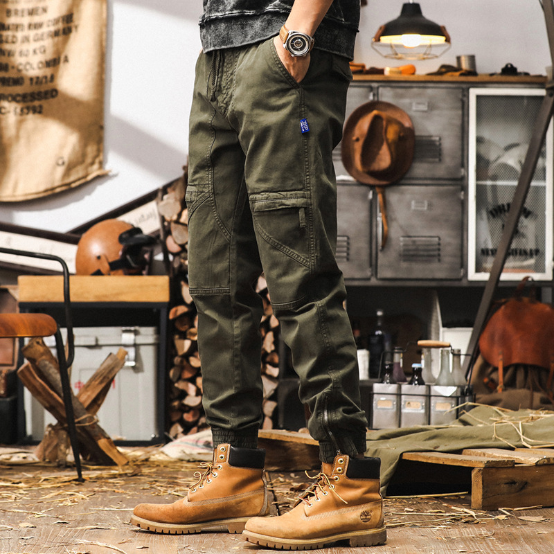 美式復古軍綠色工裝褲男秋季潮牌重磅束腳休閒褲男士寬鬆運動長褲