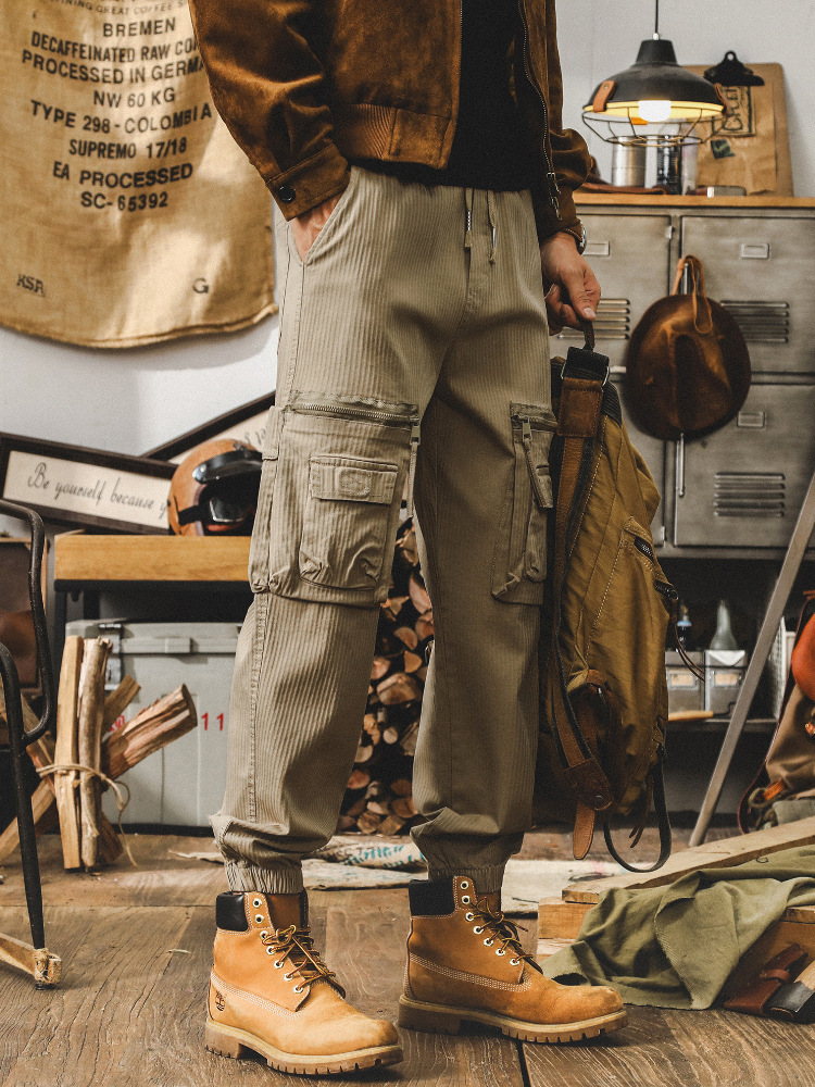 美式複古卡其色工裝褲子男秋季寬松休閑長褲潮牌多口袋男士束腳褲