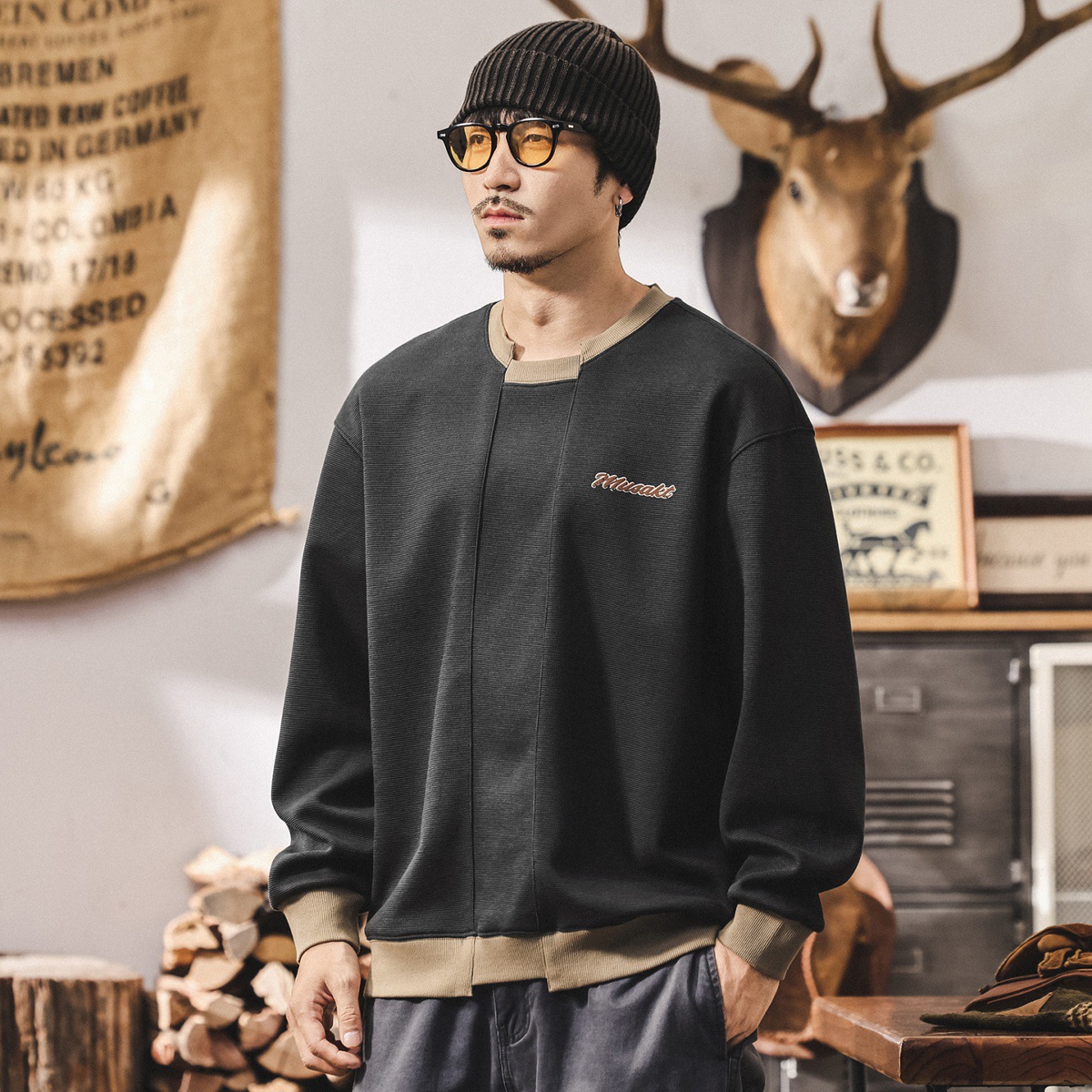 美式復古潮流字母刺繡衛衣男士秋季新款潮牌拼接重磅寬鬆長袖上衣