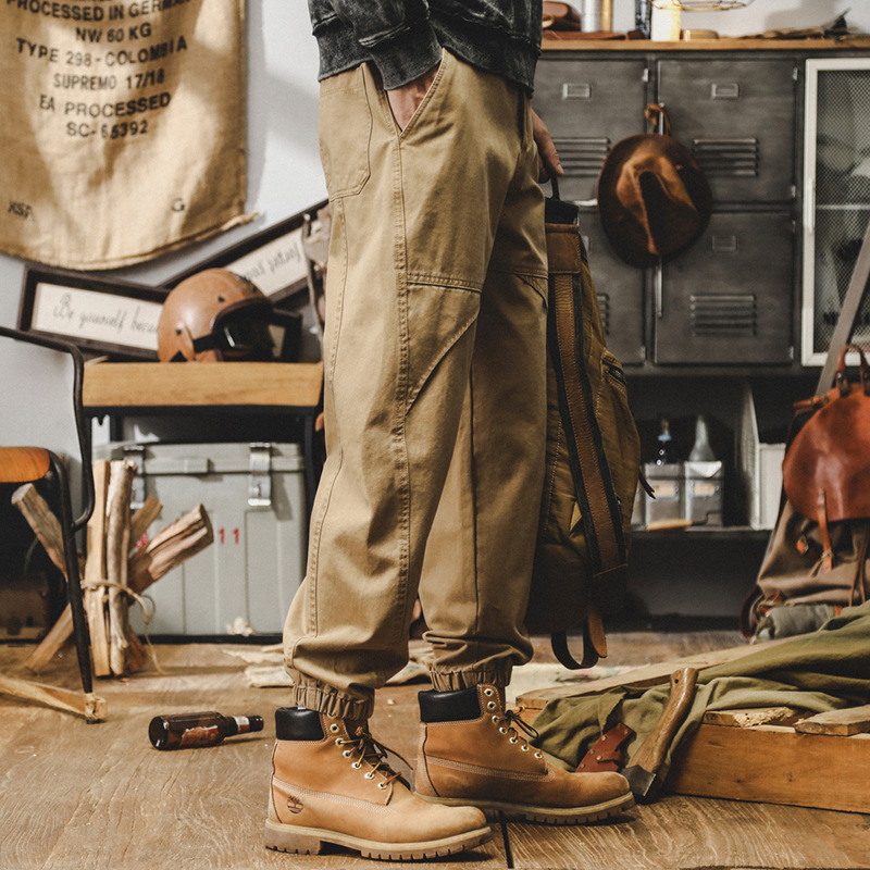 美式復古休閒褲男秋季潮牌寬鬆大碼束腳褲戶外工裝男士卡其色褲子