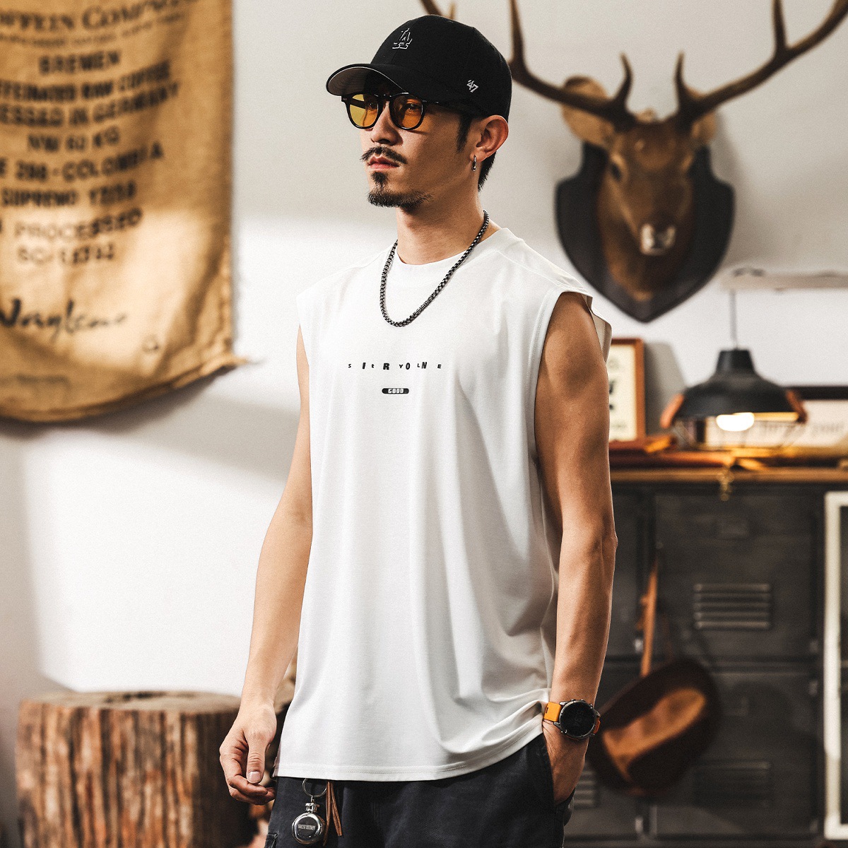 軟糯高級感桑蠶絲無袖T恤男夏季潮牌親膚萊賽爾寬鬆運動健身背心