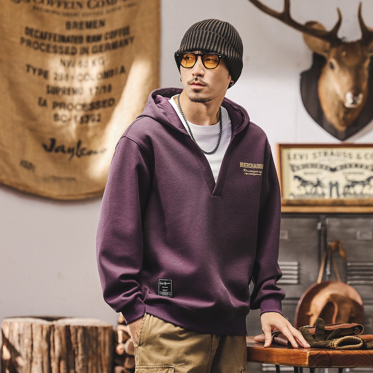 美式復古重磅假兩件V領連帽衛衣男春秋新款紫色潮流寬鬆休閒上衣