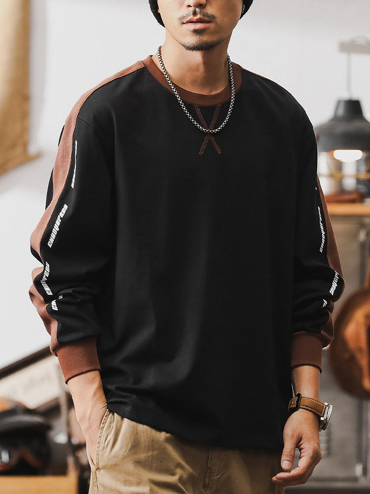 美式複古280g重磅長袖T恤男秋季撞色拼接體恤2024新款寬松衣服男