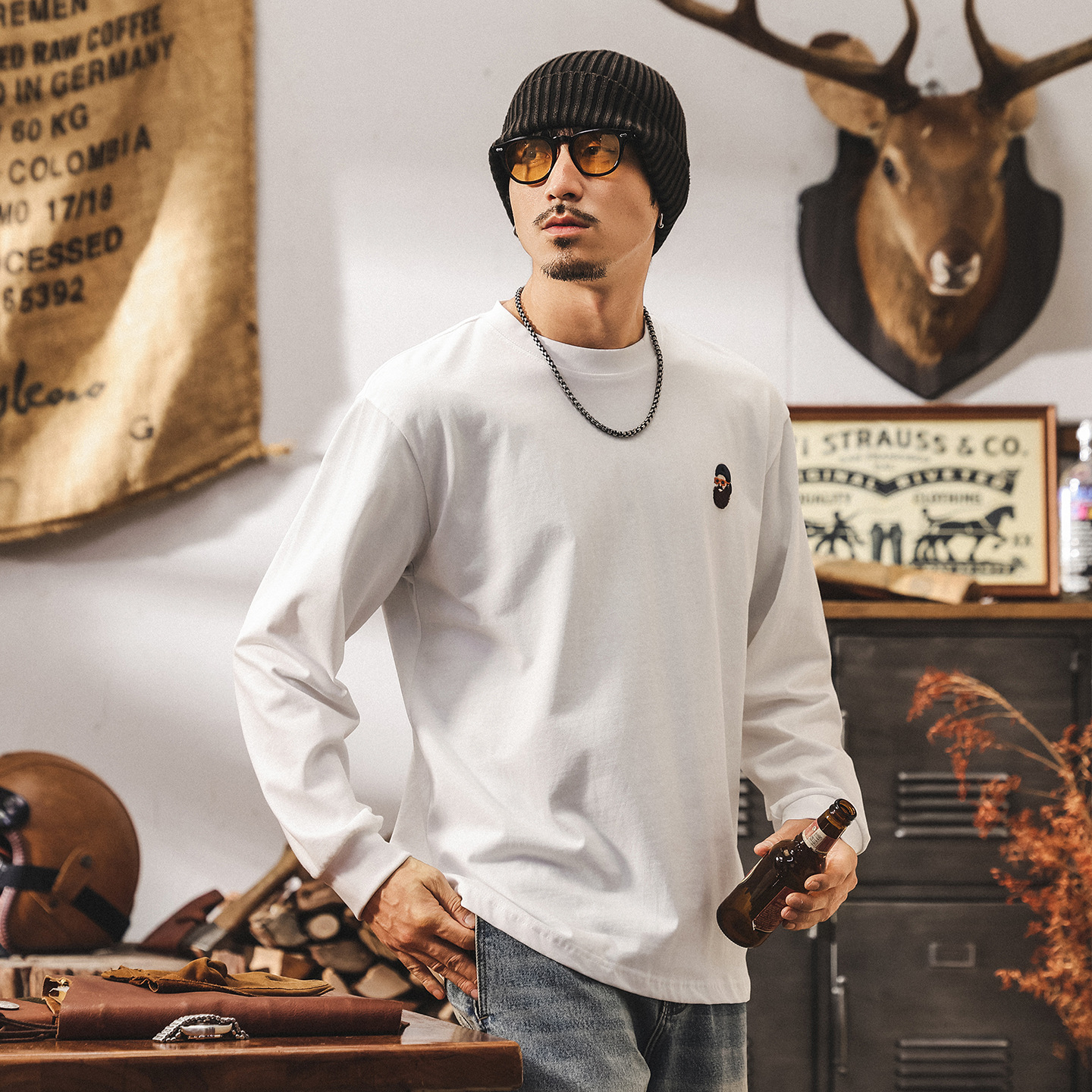 美式復古260g重磅長袖T恤男春秋新款寬鬆休閒打底衫白色純棉上衣T