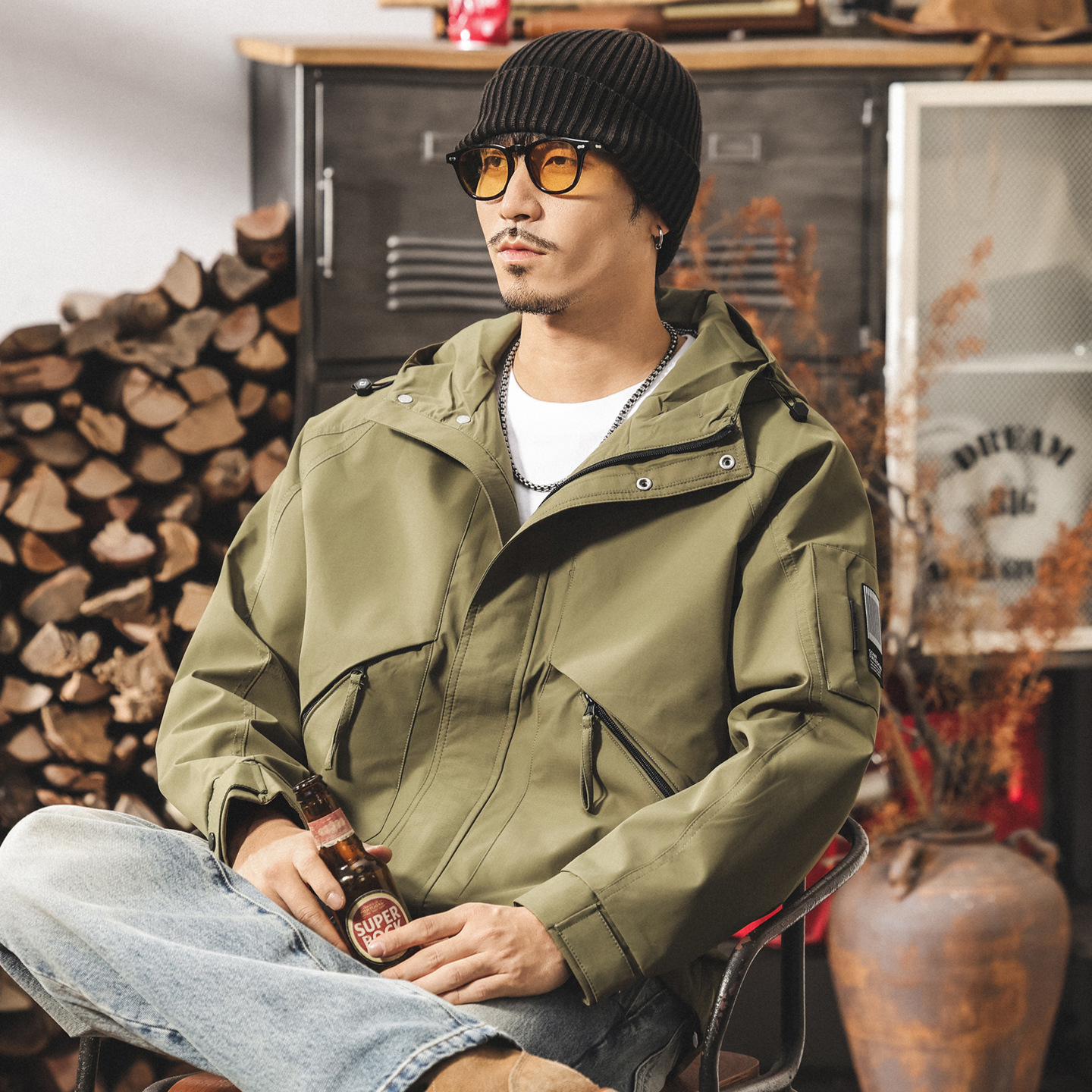 美式復古戶外三防工裝連帽外套男春秋新款山系機能通勤寬鬆夾克男