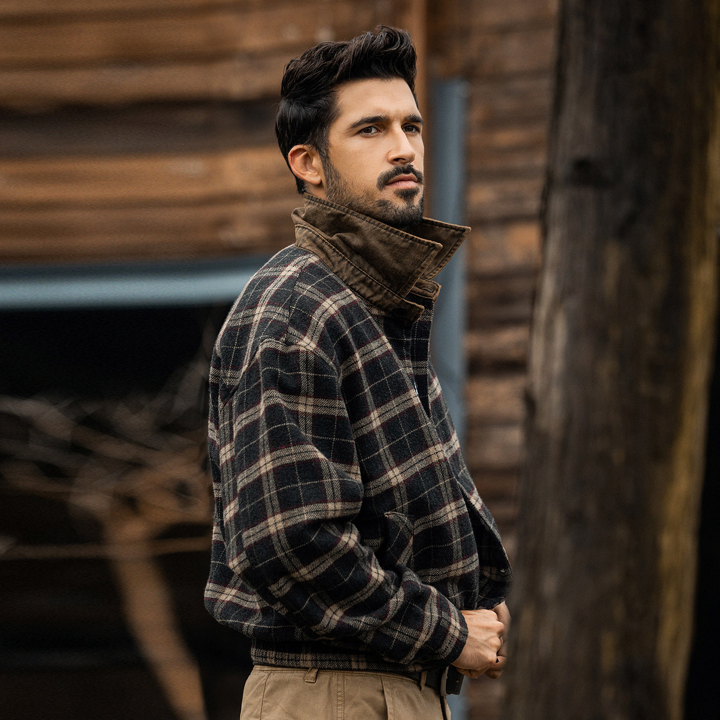 美式復古老錢風格紋夾克男春季2026潮牌重磅綿羊毛寬鬆短款外套男