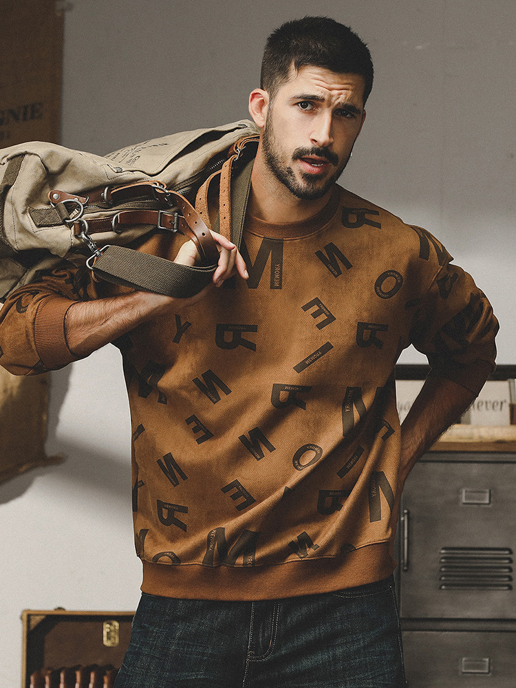 杰雷諾美式復古重磅麂皮絨衛衣男2023年秋季新款寬鬆厚款印花體恤