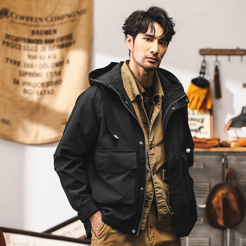 美式工裝外套男春秋2024新款連帽衝鋒衣山系戶外硬漢獵裝教練夾克