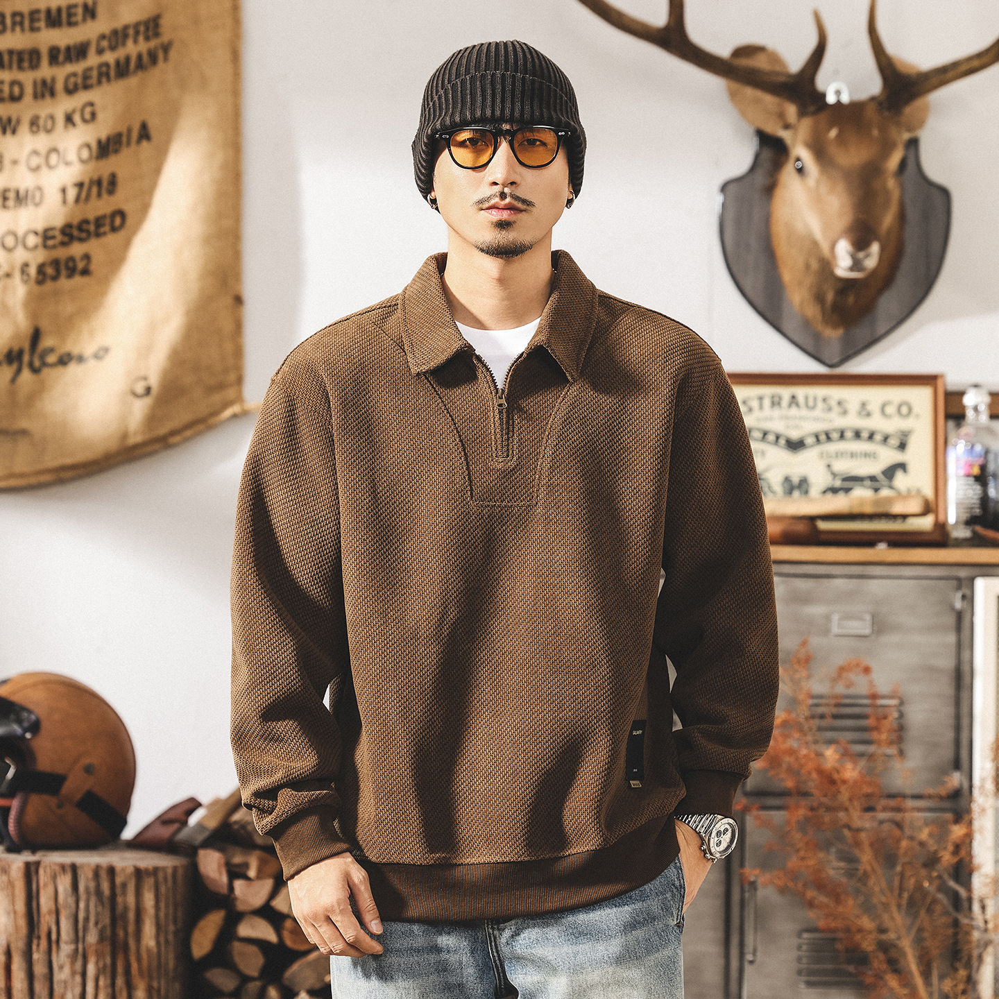 美式復古歐棉絨360g重磅衛衣男春秋款款式潮牌半拉鍊秋冬男士上衣