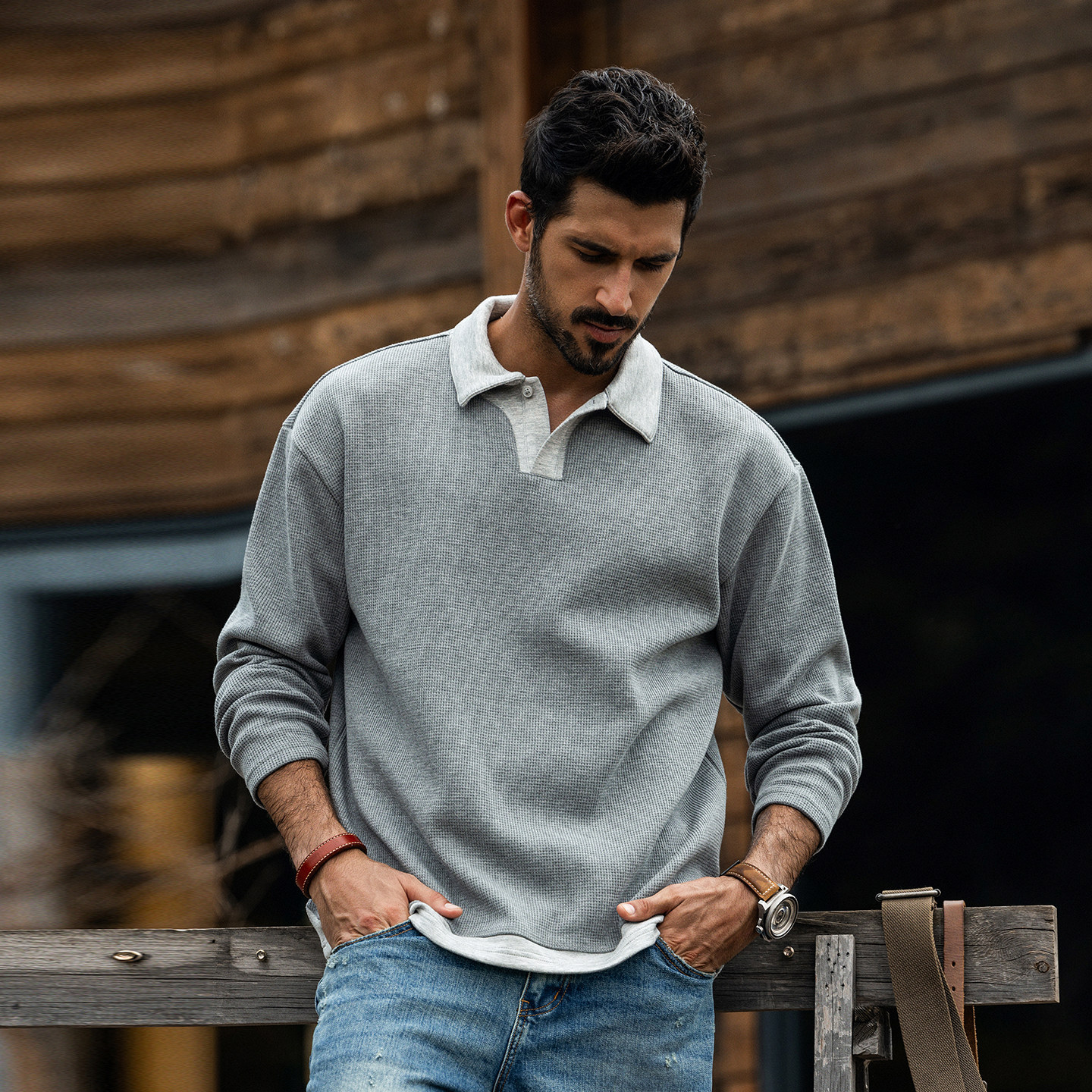 美式重磅復古polo衫男長袖春秋新款潮牌寬鬆華夫格假兩件上衣男款