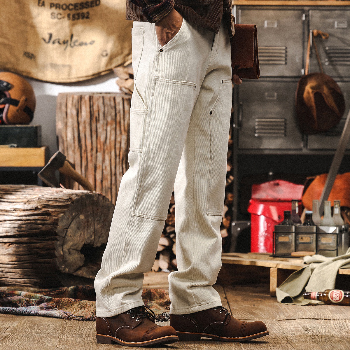 美式復古白色牛仔褲男秋季新款工裝褲子男秋季寬鬆直筒男士休閒褲