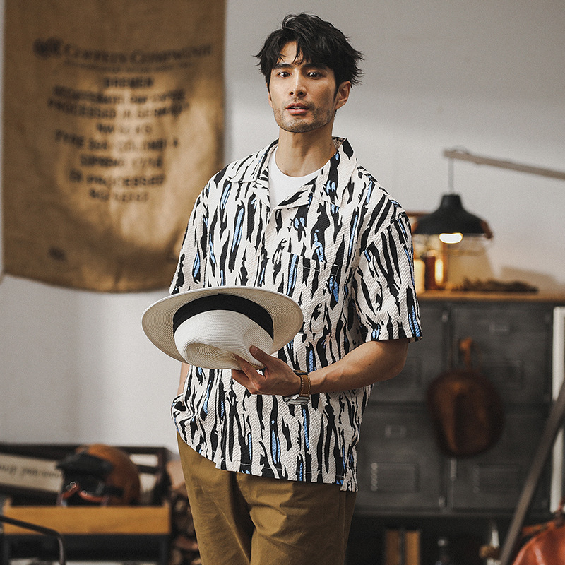 美式經典泡泡紗襯衫男短袖夏季薄款寬鬆古巴領夏威夷痞帥花襯衣男