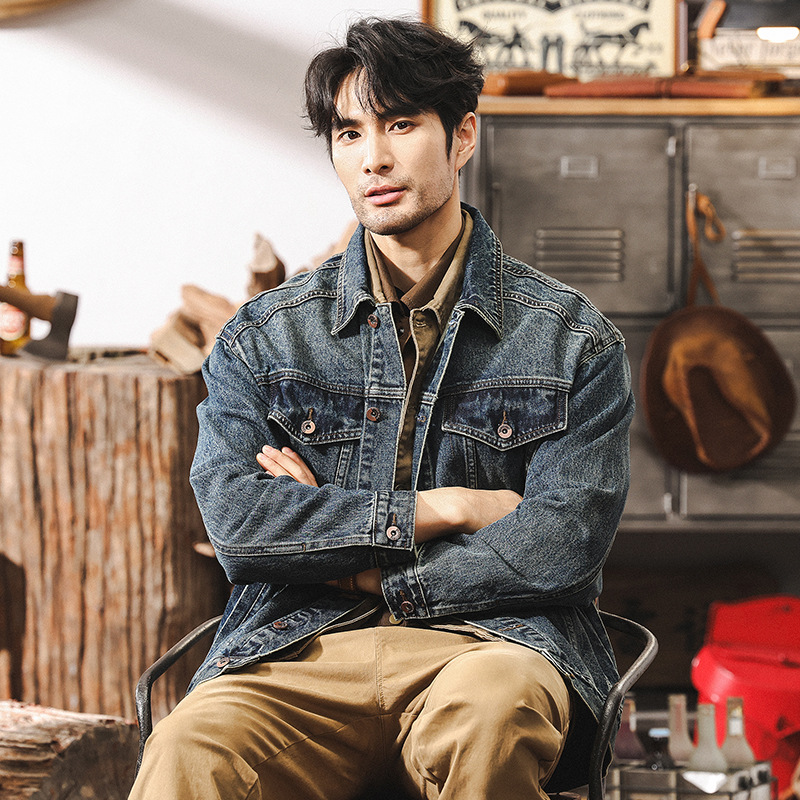 美式經典復古水洗重磅牛仔外套男秋冬款潮牌做舊寬鬆潮流工裝夾克
