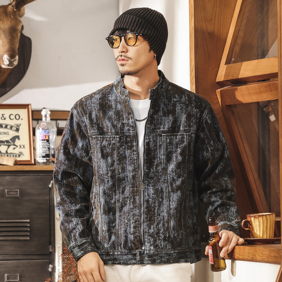 美式復古廢土風髒髒植絨牛仔外套男春秋潮流痞帥潮牌休閒男士夾克