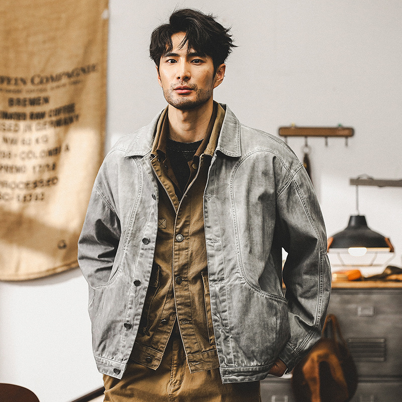 美式重磅複古外套男春秋款潮牌寬松休閑老式古著髒染男士工裝夾克