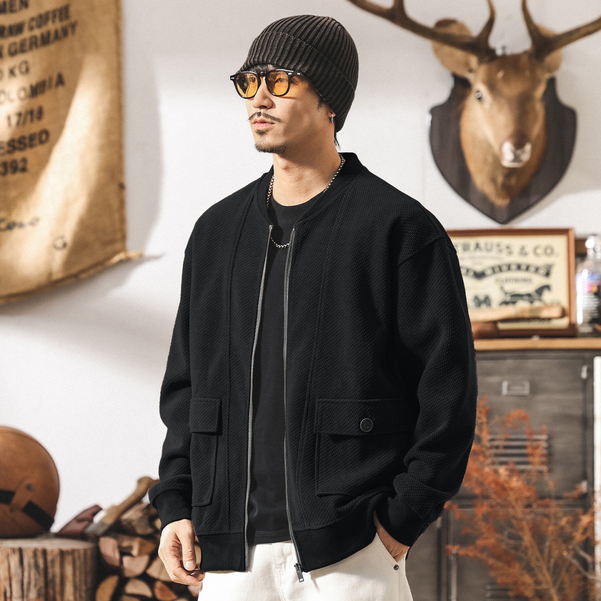 美式覆古歐棉絨重磅開衫衛衣男秋季新款潮流提花棒球服外套男春秋