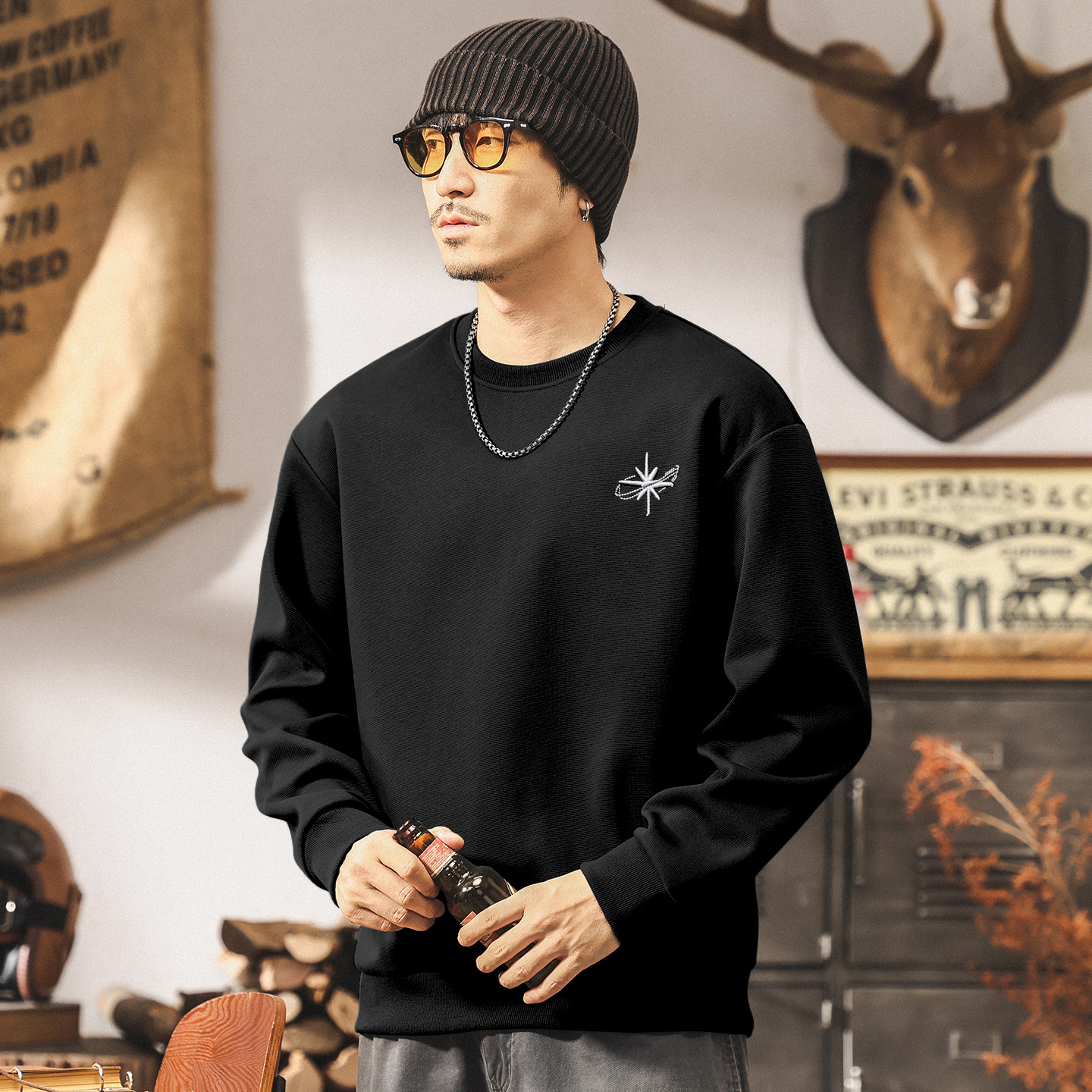 美式復古重磅衛衣男春秋2025新款刺繡潮牌長袖t恤男寬鬆大碼上衣T