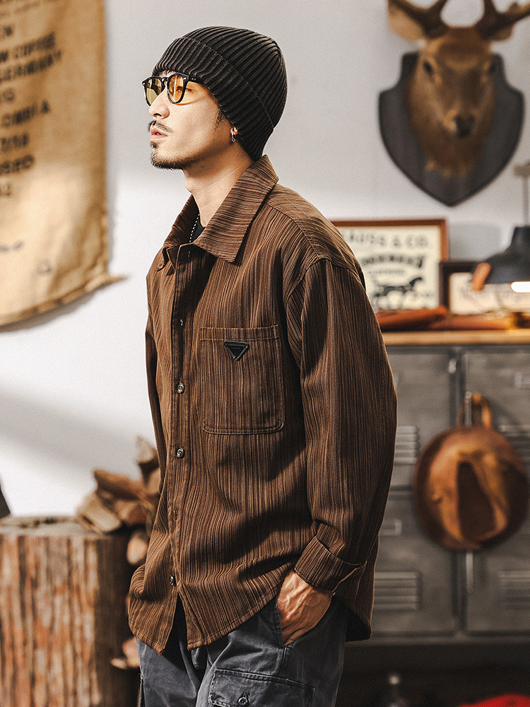 美式復古竹節紋肌理感襯衫男春季寬鬆潮牌2025新款休閒長袖襯衣男