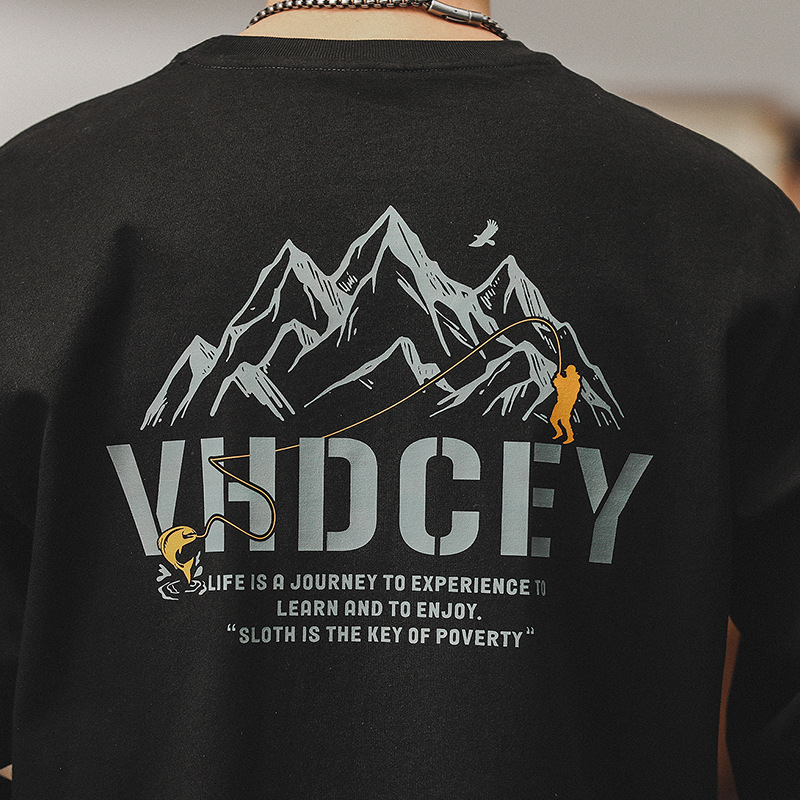 春季新款黑色長袖T恤男寬鬆潮牌男裝山系印花260g重磅上衣男