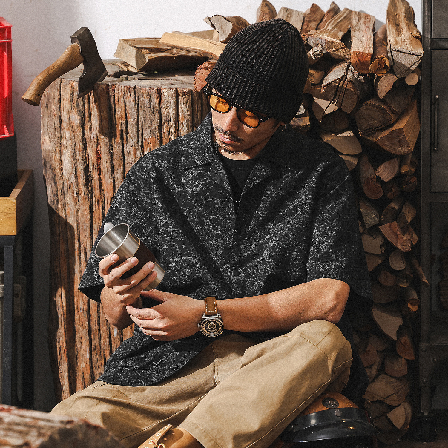 立體拉鍊口袋工裝襯衫男短袖夏季美式復古潮流戶外機能風襯衣外套