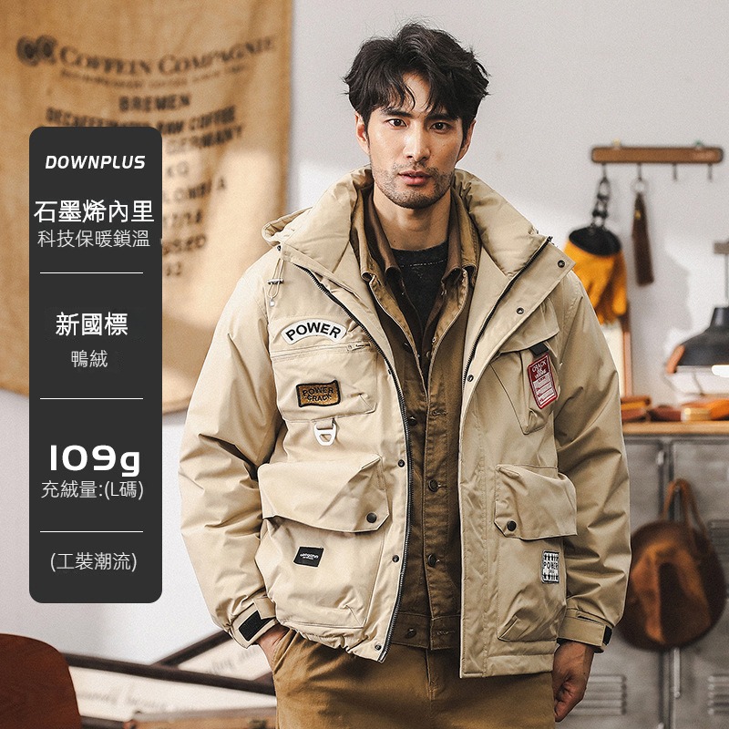 美式復古多口袋工裝羽絨服男冬季加厚戶外連帽戰術機能風獵裝外套